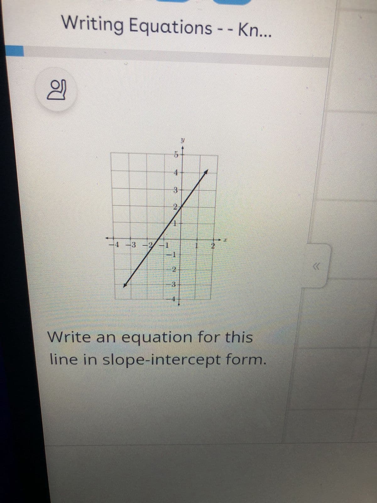 22
Writing Equations -- Kn...
-4-3-2-1
4
2
3
Write an equation for this
line in slope-intercept form.
<<