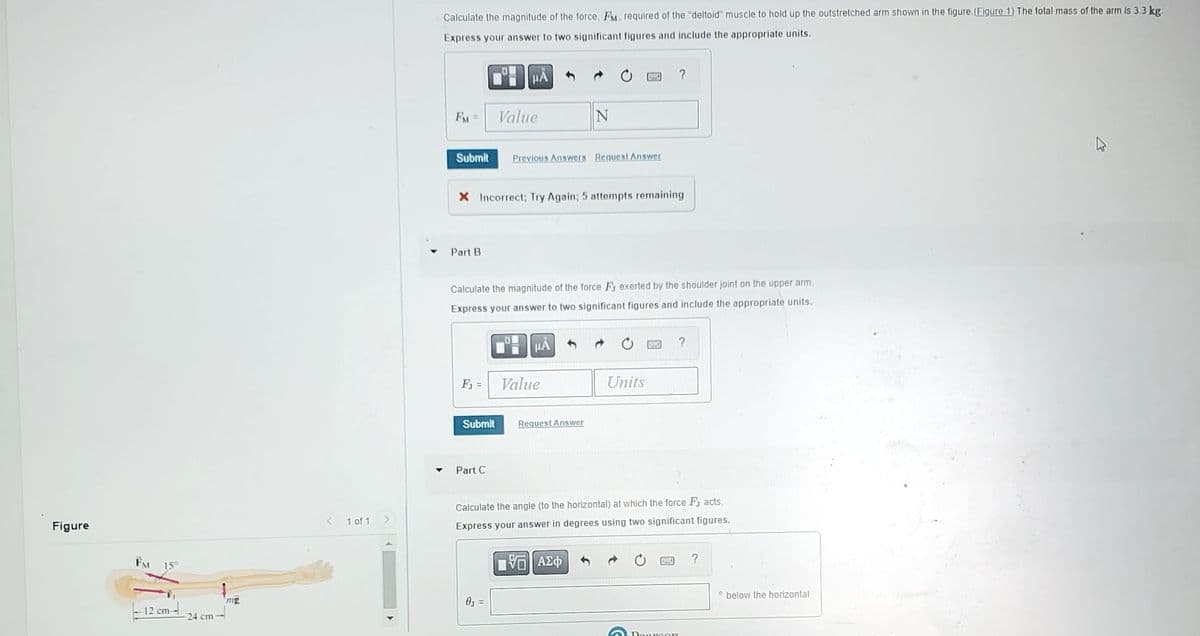 Figure
FM 15°
12 cm-
24 cm-
mg
<
1 of 1
Calculate the magnitude of the force, FM, required of the "deltoid" muscle to hold up the outstretched arm shown in the figure. (Figure 1) The total mass of the arm is 3.3 kg
Express your answer to two significant figures and include the appropriate units.
μÃ
FM =
Submit
Part B
F₁ =
X Incorrect; Try Again; 5 attempts remaining
Submit
Value
Part C
Calculate the magnitude of the force F exerted by the shoulder joint on the upper arm.
Express your answer to two significant figures and include the appropriate units.
Previous Answers Request Answer
0₁ =
N
Value
Request Answer
?
Units
Calculate the angle (to the horizontal) at which the force Facts.
Express your answer in degrees using two significant figures.
G|| ΑΣΦ
Doorco
?
?
below the horizontal