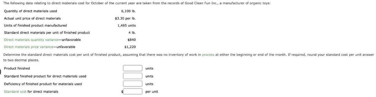 The following data relating to direct materials cost for October of the current year are taken from the records of Good Clean Fun Inc., a manufacturer of organic toys:
Quantity of direct materials used
Actual unit price of direct materials
6,100 lb.
$3.30 per lb.
Units of finished product manufactured
Standard direct materials per unit of finished product
Direct materials quantity variance-unfavorable
Direct materials price variance-unfavorable
1,465 units
4 lb.
$840
$1,220
Determine the standard direct materials cost per unit of finished product, assuming that there was no inventory of work in process at either the beginning or end of the month. If required, round your standard cost per unit answer
to two decimal places.
Product finished
Standard finished product for direct materials used
Deficiency of finished product for materials used
Standard cost for direct materials
units
units
units
per unit