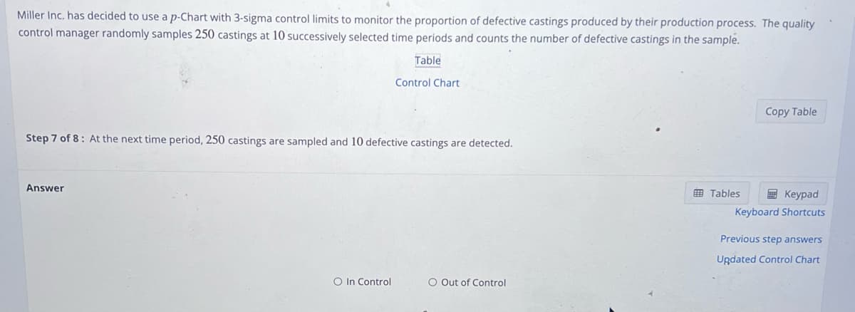 Miller Inc. has decided to use a p-Chart with 3-sigma control limits to monitor the proportion of defective castings produced by their production process. The quality
control manager randomly samples 250 castings at 10 successively selected time periods and counts the number of defective castings in the sample.
Table
Step 7 of 8: At the next time period, 250 castings are sampled and 10 defective castings are detected.
Answer
Control Chart
O In Control
O Out of Control
Copy Table
Tables
Keypad
Keyboard Shortcuts
Previous step answers
Updated Control Chart