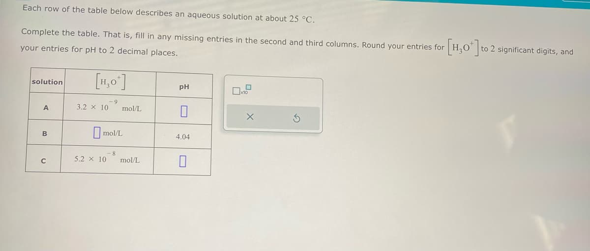 2 significant digits, and
Each row of the table below describes an aqueous solution at about 25 °C.
r [H₂O*] to 2
Complete the table. That is, fill in any missing entries in the second and third columns. Round your entries for
your entries for pH to 2 decimal places.
solution
[H₂O*]
A
3.2 x 10
-9
PH
x10
mol/L
☐
B
☐ mol/L
8
C
5.2 × 10
mol/L
4.04