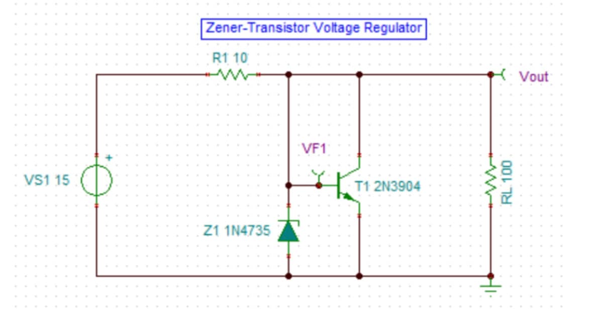 VS1 15
Zener-Transistor Voltage Regulator
R1 10
Z1 1N4735
VF1
T1 2N3904
RL 100
Vout