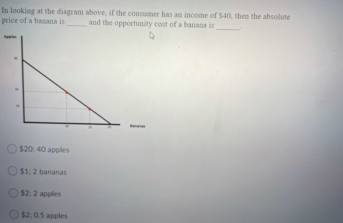 In looking at the diagram above, if the consumer has an income of $40, then the absolute
price of a banana is
and the opportunity cost of a banana is
Apples
20
10
Bananas
15
20
$20; 40 apples
O $1; 2 bananas
O $2; 2 apples
$2; 0.5 apples
