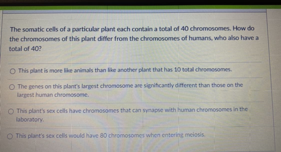 The somatic cells of a particular plant each contain a total of 40 chromosomes. How do
the chromosomes of this plant differ from the chromosomes of humans, who also have a
total of 40?
O This plant is more like animals than like another plant that has 10 total chromosomes.
The genes on this plant's largest chromosome are significantly different than those on the
largest human chromosome.
This plant's sex cells have chromosomes that can synapse with human chromosomes in the
laboratory.
O This plant's sex cells would have 80 chromosomes when entering meiosis.
