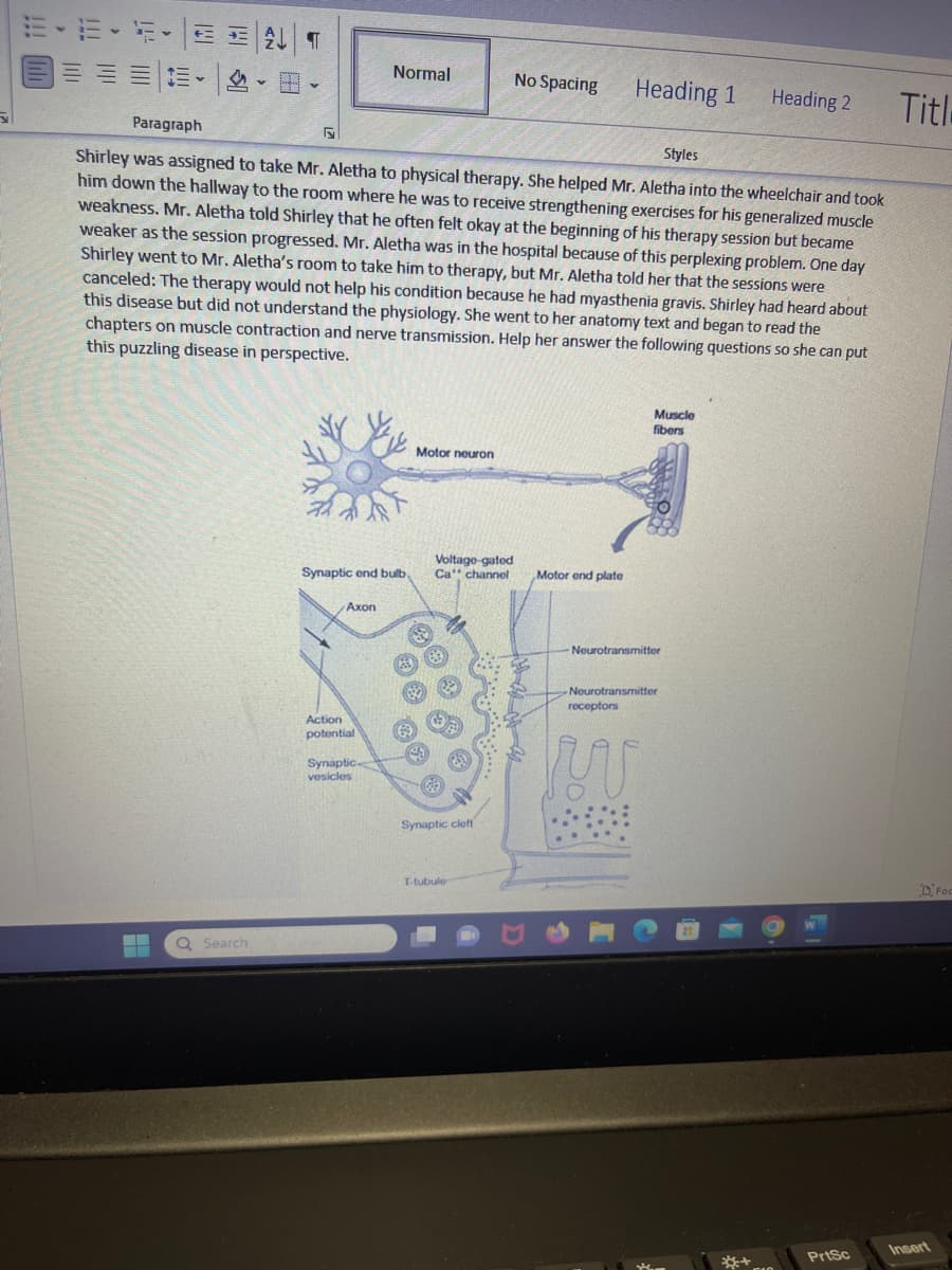 E E ALT
-
Q Search
5
Paragraph
Styles
Shirley was assigned to take Mr. Aletha to physical therapy. She helped Mr. Aletha into the wheelchair and took
him down the hallway to the room where he was to receive strengthening exercises for his generalized muscle
weakness. Mr. Aletha told Shirley that he often felt okay at the beginning of his therapy session but became
weaker as the session progressed. Mr. Aletha was in the hospital because of this perplexing problem. One day
Shirley went to Mr. Aletha's room to take him to therapy, but Mr. Aletha told her that the sessions were
canceled: The therapy would not help his condition because he had myasthenia gravis. Shirley had heard about
this disease but did not understand the physiology. She went to her anatomy text and began to read the
chapters on muscle contraction and nerve transmission. Help her answer the following questions so she can put
this puzzling disease in perspective.
Normal
You
Synaptic end bulb,
Axon
Action
potential
Synaptic-
vesicles
Motor neuron
Voltage-gated
Ca channel
89
Synaptic cleft
No Spacing
T-tubule-
Heading 1
Motor end plate
Muscle
fibers
-Neurotransmitter
Neurotransmitter
receptors
W
Heading 2
PrtSc
Titl
Insert
Foc