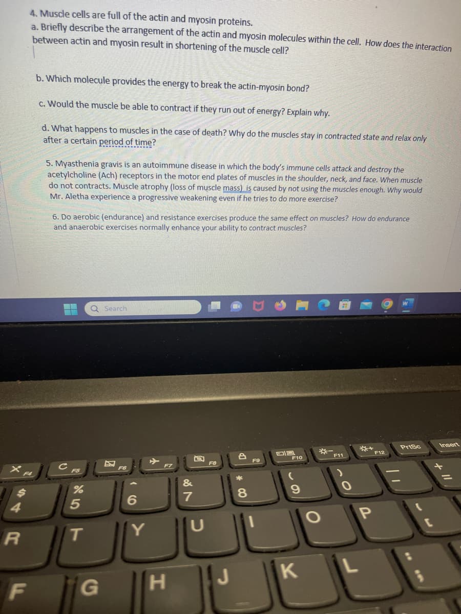4
R
F
4. Muscle cells are full of the actin and myosin proteins.
a. Briefly describe the arrangement of the actin and myosin molecules within the cell. How does the interaction
between actin and myosin result in shortening of the muscle cell?
b. Which molecule provides the energy to break the actin-myosin bond?
c. Would the muscle be able to contract if they run out of energy? Explain why.
d. What happens to muscles in the case of death? Why do the muscles stay in contracted state and relax only
after a certain period of time?
5. Myasthenia gravis is an autoimmune disease in which the body's immune cells attack and destroy the
acetylcholine (Ach) receptors in the motor end plates of muscles in the shoulder, neck, and face. When muscle
do not contracts. Muscle atrophy (loss of muscle mass) is caused by not using the muscles enough. Why would
Mr. Aletha experience a progressive weakening even if he tries to do more exercise?
6. Do aerobic (endurance) and resistance exercises produce the same effect on muscles? How do endurance
and anaerobic exercises normally enhance your ability to contract muscles?
▬
%
5
T
Q Search
G
F6
6
Y
H
&
7
U
J
e
*
8
DE
F10
(
9
K
O
**
F11
0
**
P
F12
PrtSc
Insert
1/
