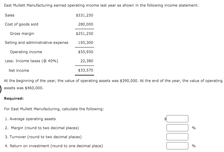 East Mullett Manufacturing earned operating income last year as shown in the following income statement:
Sales
$531,250
Cost of goods sold
280,000
Gross margin
$251,250
Selling and administrative expense
195,300
Operating income
$55,950
Less: Income taxes (@ 40%)
22,380
Net income
$33,570
At the beginning of the year, the value of operating assets was $390,000. At the end of the year, the value of operating
assets was $460,000.
Required:
For East Mullett Manufacturing, calculate the following:
1. Average operating assets
2. Margin (round to two decimal places)
%
3. Turnover (round to two decimal places)
4. Return on investment (round to one decimal place)
%
