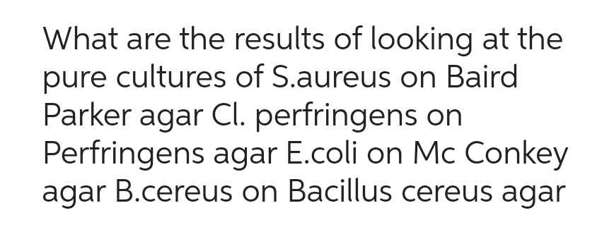 What are the results of looking at the
pure cultures of S.aureus on Baird
Parker agar Cl. perfringens on
Perfringens agar E.coli on Mc Conkey
agar B.cereus on Bacillus cereus agar