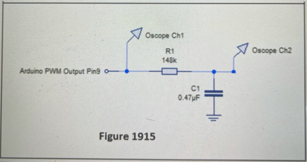 Oscope Ch1
R1
Oscope Ch2
148k
Arduino PWM Output Pin9 O-
C1
0.47uF
Figure 1915

