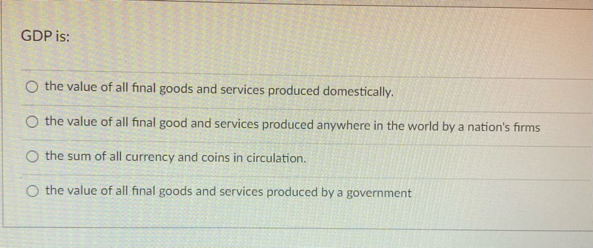 GDP is:
the value of all final goods and services produced domestically.
O the value of all final good and services produced anywhere in the world by a nation's firms
the sum of all currency and coins in circulation.
the value of all final goods and services produced by a government