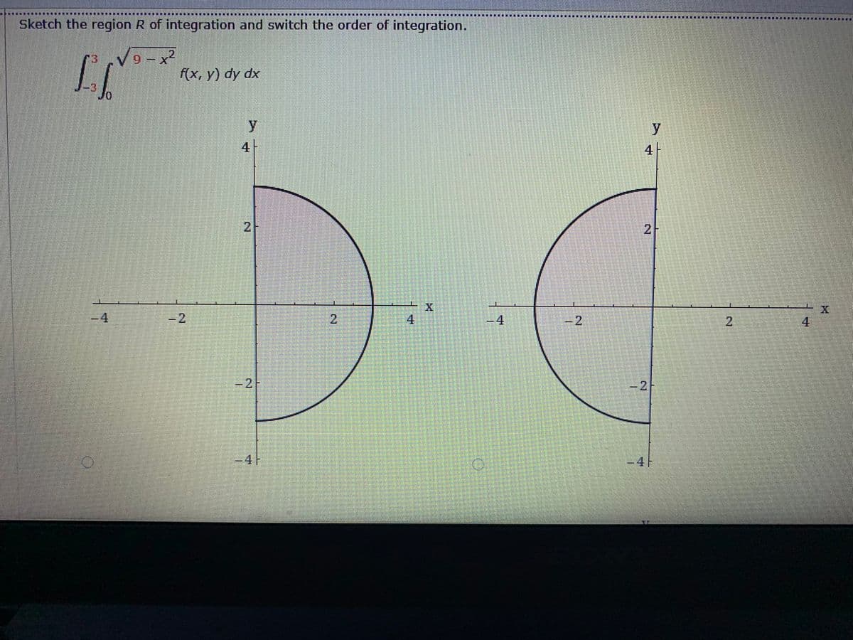 Sketch the region R of integration and switch the order of integration.
f(x, у) dy dx
y
4
4|
2
-4
-2
4
4
-2
4
-2-
-4F
21
2.
2.
