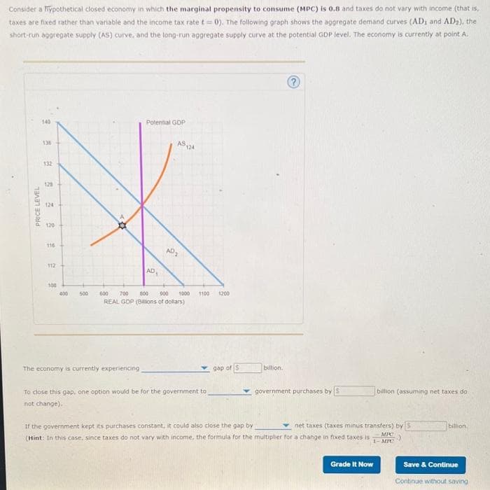 Consider a ypothetical closed economy in which the marginal propensity to consume (MPC) is 0.8 and taxes do not vary with income (that is,
taxes are fixed rather than variable and the income tax ratet=0). The following graph shows the aggregate demand curves (ADI and AD2), the
short-run aggregate supply (AS) curve, and the long-run aggregate supply curve at the potential GDP level. The economy is currently at point A.
140
Potential GDP
136
AS
124
132
128
124
P 120
116
AD1
112
AD,
100
400
500
600
700
s00
900
1000
1100
1200
REAL GDP (B4lions of dollars)
The economy is currently experiericing
gap of S
billion.
To cdose this gap, one option would be for the government to
government purchases by S
billion (assuming net taxes do
not change).
If the government kept its purchases constant, it could also close the gap by
net taxes (taxes minus transfers) by 5
billion
(Hint: In this case, since taxes do not vary with income, the formula for the multiplier for a change in fixed taxes is
MIC
1- MIC
Grade It Now
Save & Continue
Continue without saving
PRICE LEVEL
