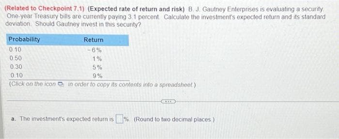 (Related to Checkpoint 7.1) (Expected rate of return and risk) B. J. Gautney Enterprises is evaluating a security
One-year Treasury bills are currently paying 3.1 percent. Calculate the investment's expected return and its standard
deviation Should Gautney invest in this security?
Probability
0.10
0.50
Return
-6%
1%
5%
9%
0.30
0.10
(Click on the icon in order to copy its contents into a spreadsheet.)
CID
a. The investment's expected return is%. (Round to two decimal places)