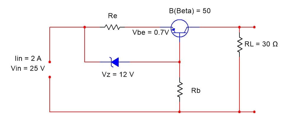 B(Beta) =
50
Re
Vbe
0.7V
%3D
RL = 30 Q
lin = 2 A
Vin = 25 V
Vz = 12 V
Rb
