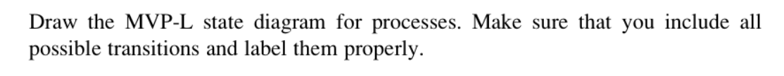 Draw the MVP-L state diagram for processes. Make sure that you include all
possible transitions and label them properly.