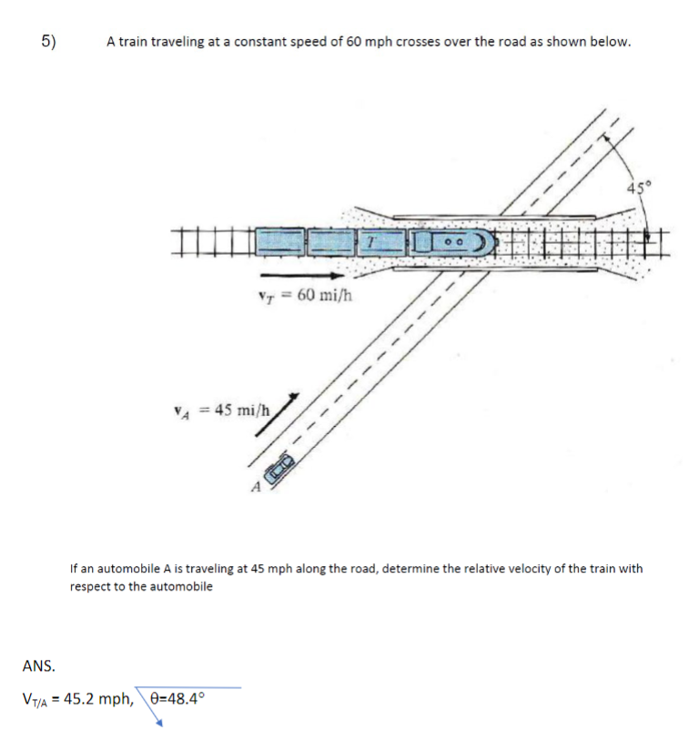 5)
A train traveling at a constant speed of 60 mph crosses over the road as shown below.
#I
VT = 60 mi/h
VA = 45 mi/h
ANS.
VT/A = 45.2 mph, 0-48.4°
[:)+
45°
If an automobile A is traveling at 45 mph along the road, determine the relative velocity of the train with
respect to the automobile