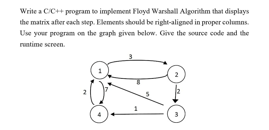 Write a C/C++ program to implement Floyd Warshall Algorithm that displays
the matrix after each step. Elements should be right-aligned in proper columns.
Use your program on the graph given below. Give the source code and the
runtime screen.
3
8.
1
4
3
2.

