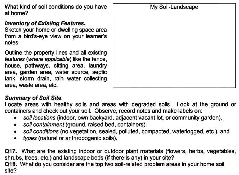 What kind of soil conditions do you have
at home?
My Soil-Landscape
Inventory of Existing Features.
Sketch your home or dwelling space area
from a bird's-eye view on your leamer's
notes.
Outline the property lines and all existing
features (where applicable) like the fence,
house, pathways, sitting area, laundry
area, garden area, water source, septic
tank, storm drain, rain water collecting
area, waste area, etc.
Summary of Soil Site.
Locate areas with healthy soils and areas with degraded soils. Look at the ground or
containers and check out your soil. Observe, record notes and make labels on:
• soil locations (indoor, own backyard, adjacent vacant lot, or community garden),
soil containment (ground, raised bed, containers),
soil conditions (no vegetation, sealed, polluted, compacted, waterlogged, etc.), and
types (natural or anthropogenic soils).
Q17. What are the existing indoor or outdoor plant materials (flowers, herbs, vegetables,
shrubs, trees, etc.) and landscape beds (if there is any) in your site?
Q18. What do you consider are the top two soil-related problem areas in your home soil
site?
