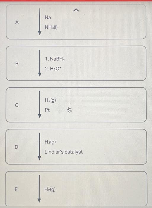 A
B
C
D
E
Na
NH3(1)
1. NaBH4
2. H3O+
H₂(g)
Pt
r
H₂(g)
Lindlar's catalyst
H₂(g)