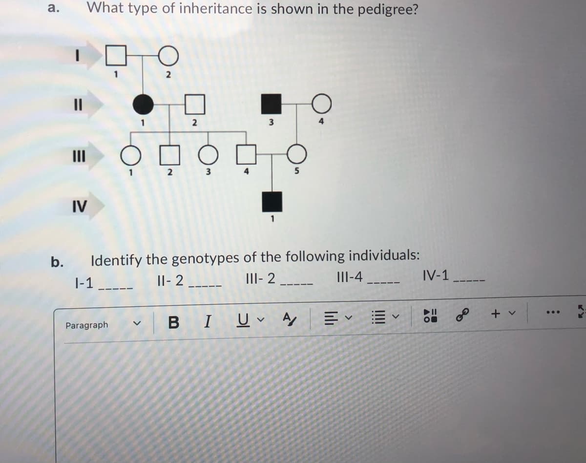 а.
What type of inheritance is shown in the pedigree?
II
2
II
1
2
4
IV
Identify the genotypes of the following individuals:
III- 2
b.
|-1
Il- 2
III-4
IV-1
+ v
Paragraph
В
I
