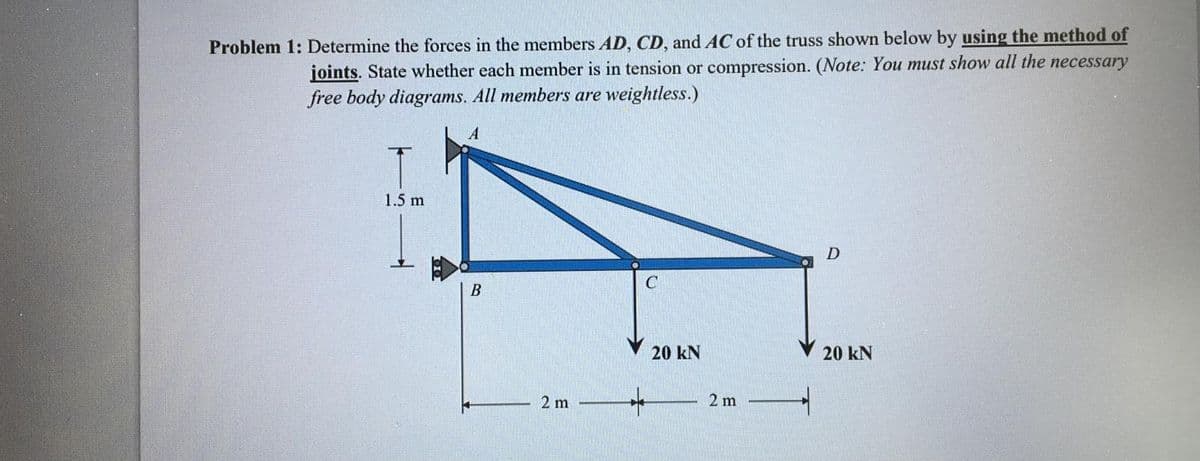 Problem 1: Determine the forces in the members AD, CD, and AC of the truss shown below by using the method of
joints. State whether each member is in tension or compression. (Note: You must show all the necessary
free body diagrams. All members are weightless.)
T
1.5 m
D
B
20 kN
20 kN
2 m
2 m
