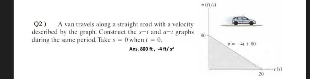 Q2) A van travels along a straight road with a velocity
described by the graph. Construct the s-t and a-t graphs
during the same period. Take s = 0 when t = 0.
Ans. 800 ft, -4 ft/s²
v (ft/s)
80-
v = -41 + 80
20
-1 (s)