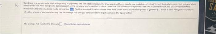 Our Space is a social media site that is growing in popularity. The firm has been around for a few years and has created a nice market niche for itself in fact, it actualy sumed a profit last year, abe
a farly small one. After doing some basic research on the company, you've decided to take a closer look. You plan to use the price-to-sales rato to value the stock, and you have colected PS
multiples on the following social media companies Find the average PS ratio for these three firms. Given that Our Space is expected to generate $32 milion in sales next year and will have
15 million shares of stock outstanding, use the average P/S rato you computed above to put a value on Our Space's stock
am
The averags P/S ratio for the 3 firms is (Round to two decimal places)
SA