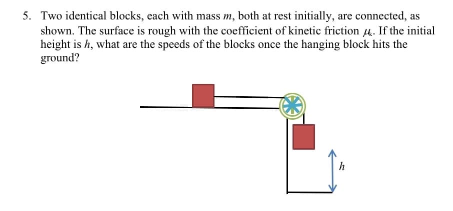 5. Two identical blocks, each with mass m, both at rest initially, are connected, as
shown. The surface is rough with the coefficient of kinetic friction 4. If the initial
height is h, what are the speeds of the blocks once the hanging block hits the
ground?
h
