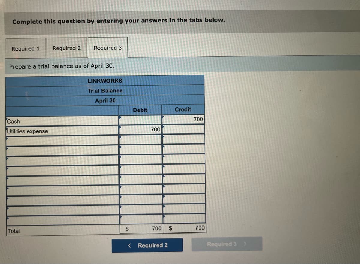 Complete this question by entering your answers in the tabs below.
Required 1
Required 2
Required 3
Prepare a trial balance as of April 30.
LINKWORKS
Trial Balance
April 30
Debit
Credit
700
Cash
Utilities expense
700
Total
$
700
2$
700
< Required 2
Required 3>
