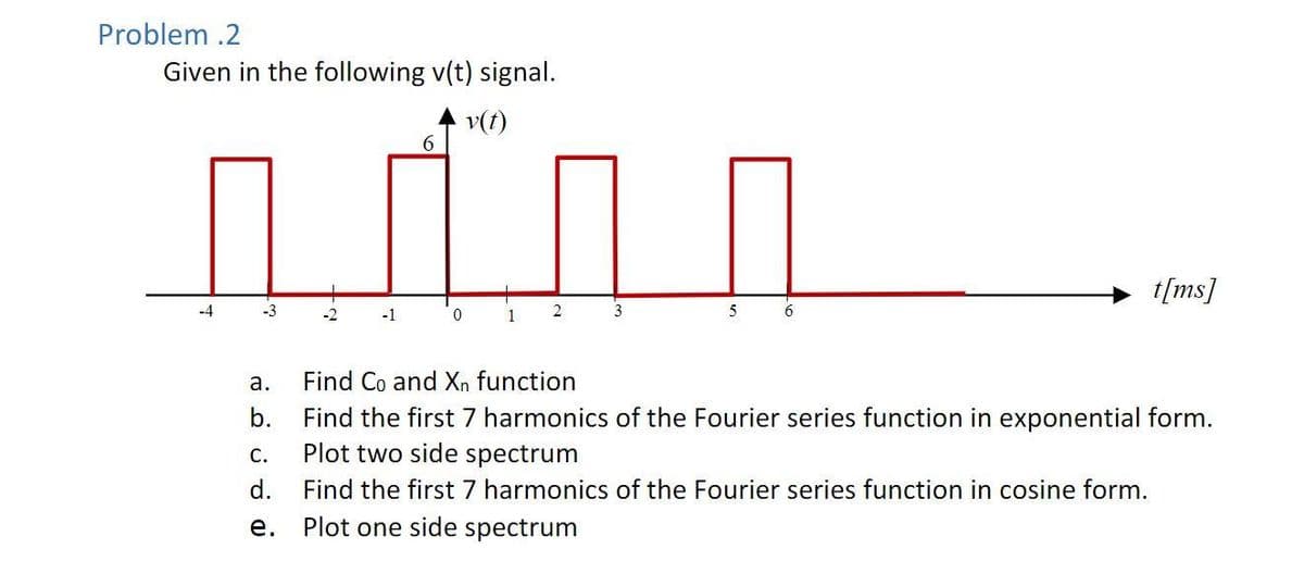 Problem .2
Given in the following v(t) signal.
v(t)
-1
a.
b.
6
0
1
5
6
t[ms]
Find Co and Xn function
Find the first 7 harmonics of the Fourier series function in exponential form.
Plot two side
C.
um
d.
Find the first 7 harmonics of the Fourier series function in cosine form.
e. Plot one side spectrum