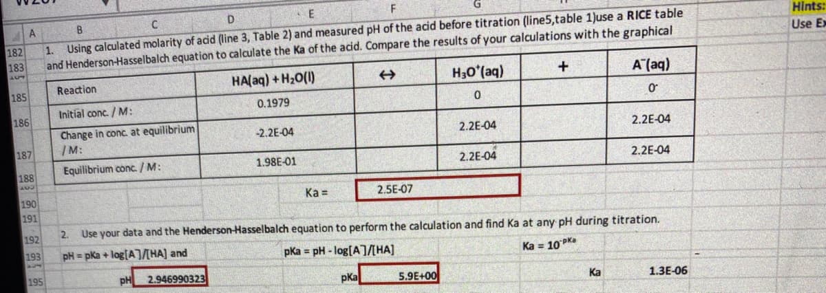 182
183
134
185
F
A
B
E
D
C
1. Using calculated molarity of acid (line 3, Table 2) and measured pH of the acid before titration (line5,table 1)use a RICE table
and Henderson-Hasselbalch equation to calculate the Ka of the acid. Compare the results of your calculations with the graphical
186
187
188
400
190
191
192
193
195
Reaction
Initial conc. / M:
Change in conc. at equilibrium
/M:
Equilibrium conc. / M:
pH
HA(aq) + H₂O(l)
0.1979
2.946990323
-2.2E-04
2. Use your data and the Henderson-Hasselbalch
pH=pka + log[A]/[HA] and
1.98E-01
Ka =
2.5E-07
pKa pH-log[A]/[HA]
=
pka
H3O*(aq)
0
5.9E+00
2.2E-04
2.2E-04
+
equation to perform the calculation and find Ka at any pH during titration.
Ka = 10 Ka
A (aq)
Ꮕ
Ka
2.2E-04
2.2E-04
1.3E-06
Hints:
Use Ex