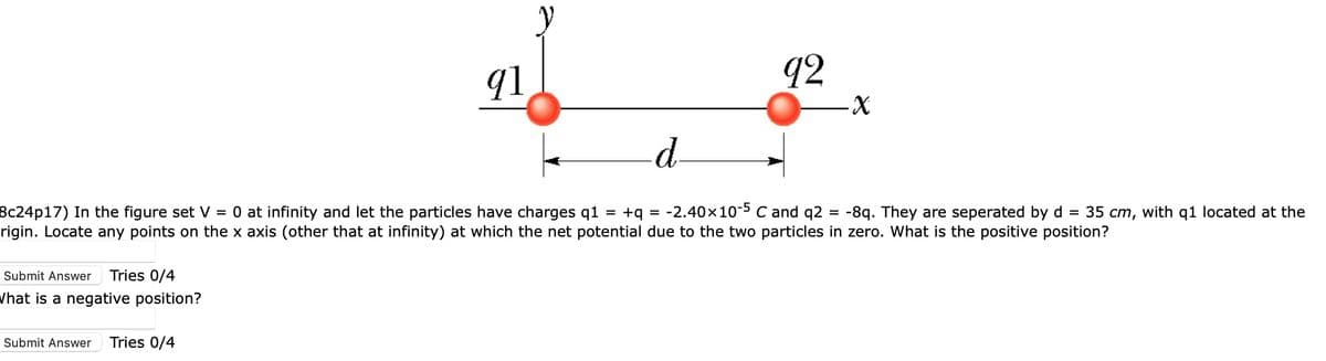 Submit Answer Tries 0/4
What is a negative position?
q1
Submit Answer Tries 0/4
92
d
=
=
8c24p17) In the figure set V = 0 at infinity and let the particles have charges q1 +q = -2.40×10-5 C and q2 = -8q. They are seperated by d 35 cm, with q1 located at the
rigin. Locate any points on the x axis (other that at infinity) at which the net potential due to the two particles in zero. What is the positive position?
-X