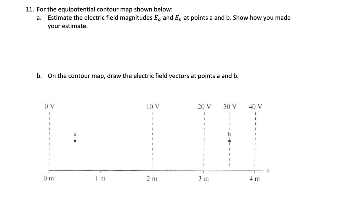 11. For the equipotential contour map shown below:
a.
Estimate the electric field magnitudes Ęα and Ę at points a and b. Show how you made
your estimate.
b. On the contour map, draw the electric field vectors at points a and b.
OV
a
10 V
20 V
30 V
40 V
X
4 m
3 m
2 m
] m
0 m