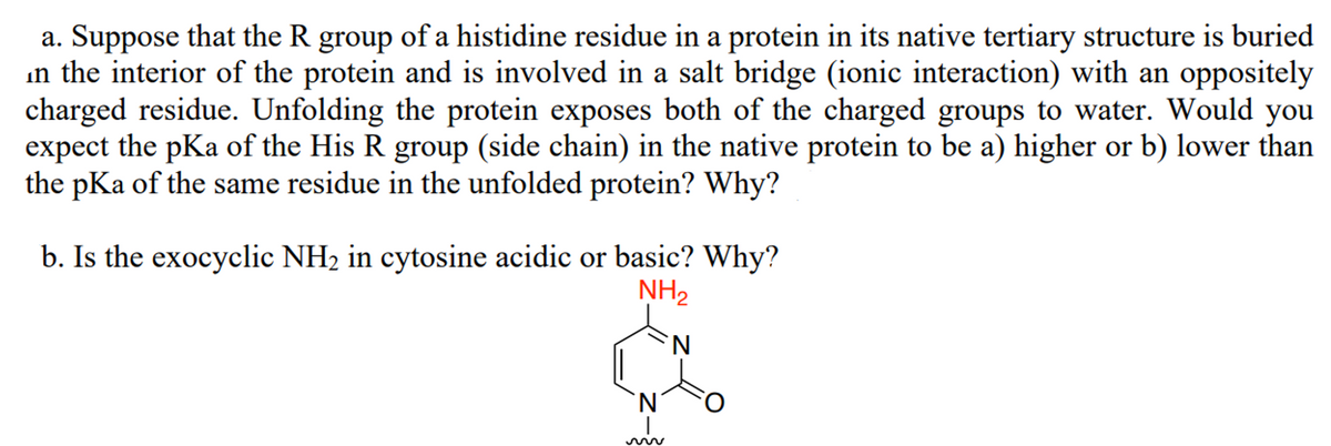 a. Suppose that the R group of a histidine residue in a protein in its native tertiary structure is buried
in the interior of the protein and is involved in a salt bridge (ionic interaction) with an oppositely
charged residue. Unfolding the protein exposes both of the charged groups to water. Would you
expect the pKa of the His R group (side chain) in the native protein to be a) higher or b) lower than
the pKa of the same residue in the unfolded protein? Why?
b. Is the exocyclic NH2 in cytosine acidic or basic? Why?
NH,
`N'
