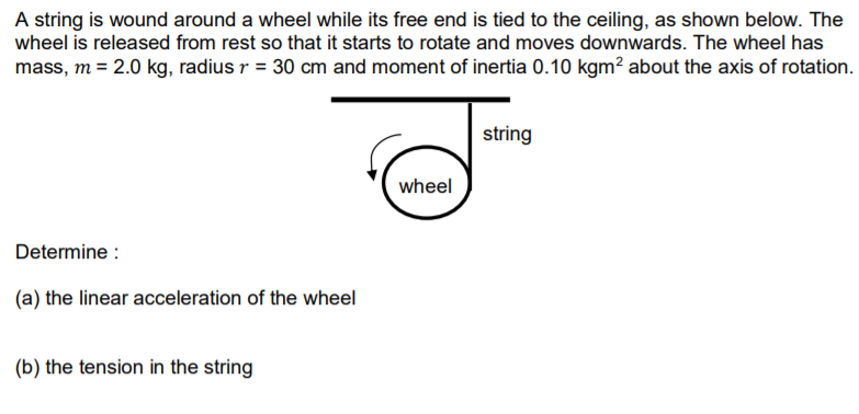 A string is wound around a wheel while its free end is tied to the ceiling, as shown below. The
wheel is released from rest so that it starts to rotate and moves downwards. The wheel has
mass, m = 2.0 kg, radius r = 30 cm and moment of inertia 0.10 kgm² about the axis of rotation.
string
wheel
Determine :
(a) the linear acceleration of the wheel
(b) the tension in the string

