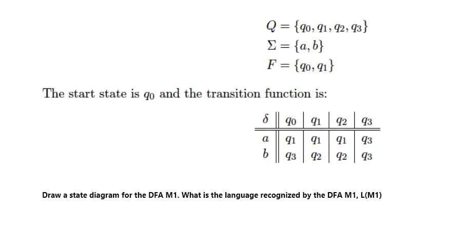Q = {q0, 91, 92, 93}
E = {a,b}
F = {q0, 41}
%3D
The start state is go and the transition function is:
8 90 91
92 93
a
93
93
92
92 93
Draw a state diagram for the DFA M1. What is the language recognized by the DFA M1, L(M1)
