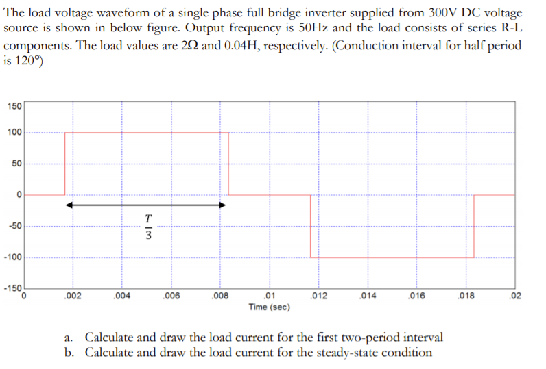 The load voltage waveform of a single phase full bridge inverter supplied from 300V DC voltage
source is shown in below figure. Output frequency is 50HZ and the load consists of series R-L
components. The load values are 22 and 0.04H, respectively. (Conduction interval for half period
is 120°)
150
100
50
T
-50
3
-100
-150
.002
.004
.006
.008
.01
.012
.014
.016
.018
.02
Time (sec)
a. Calculate and draw the load current for the first two-period interval
b. Calculate and draw the load current for the steady-state condition
