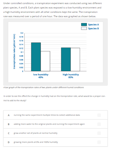 Under controlled conditions, a transpiration experiment was conducted using two different
plant species, A and B. Each plant species was exposed to a low-humidity environment and
a high-humidity environment with all other conditions kept the same. The transpiration
rate was measured over a period of one hour. The data was graphed as shown below.
A
B
transpiration rate (pl/cm²min)
с
0.2
0.18
0.16
0.14
0.12
0.1
0.08
0.06
A bar graph of the transpiration rates of two plants under different humid conditions
D
0.04
0.02
low humidity
40%
In order to see the effect the change in humidity had on the transpiration rate, what would be a proper con
trol to add to the study?
high humidity
80%
running the same experiment multiple times to collect additional data
adding more water to the original plants and running the experiment again
grow another set of plants at normal humidity
growing more plants at 0% and 100% humidity
Species A
Species B