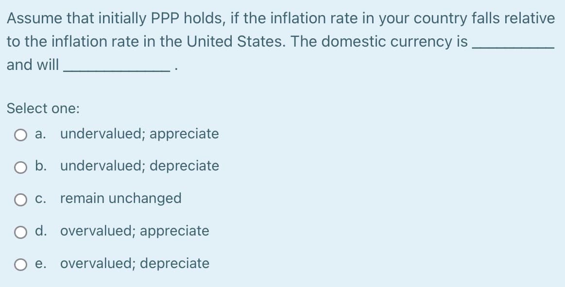 Assume that initially PPP holds, if the inflation rate in your country falls relative
to the inflation rate in the United States. The domestic currency is
and will
Select one:
a. undervalued; appreciate
b. undervalued; depreciate
c. remain unchanged
d. overvalued; appreciate
e. overvalued; depreciate
