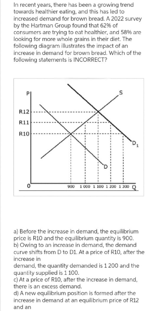 In recent years, there has been a growing trend
towards healthier eating, and this has led to
increased demand for brown bread. A 2022 survey
by the Hartman Group found that 62% of
consumers are trying to eat healthier, and 58% are
looking for more whole grains in their diet. The
following diagram illustrates the impact of an
increase in demand for brown bread. Which of the
following statements is INCORRECT?
PI
R12
R11
R10
S
900 1 000 1 100 1 200 1 300 Q
a) Before the increase in demand, the equilibrium
price is R10 and the equilibrium quantity is 900.
b) Owing to an increase in demand, the demand
curve shifts from D to D1. At a price of R10, after the
increase in
demand, the quantity demanded is 1 200 and the
quantity supplied is 1 100.
c) At a price of R10, after the increase in demand,
there is an excess demand.
d) A new equilibrium position is formed after the
increase in demand at an equilibrium price of R12
and an