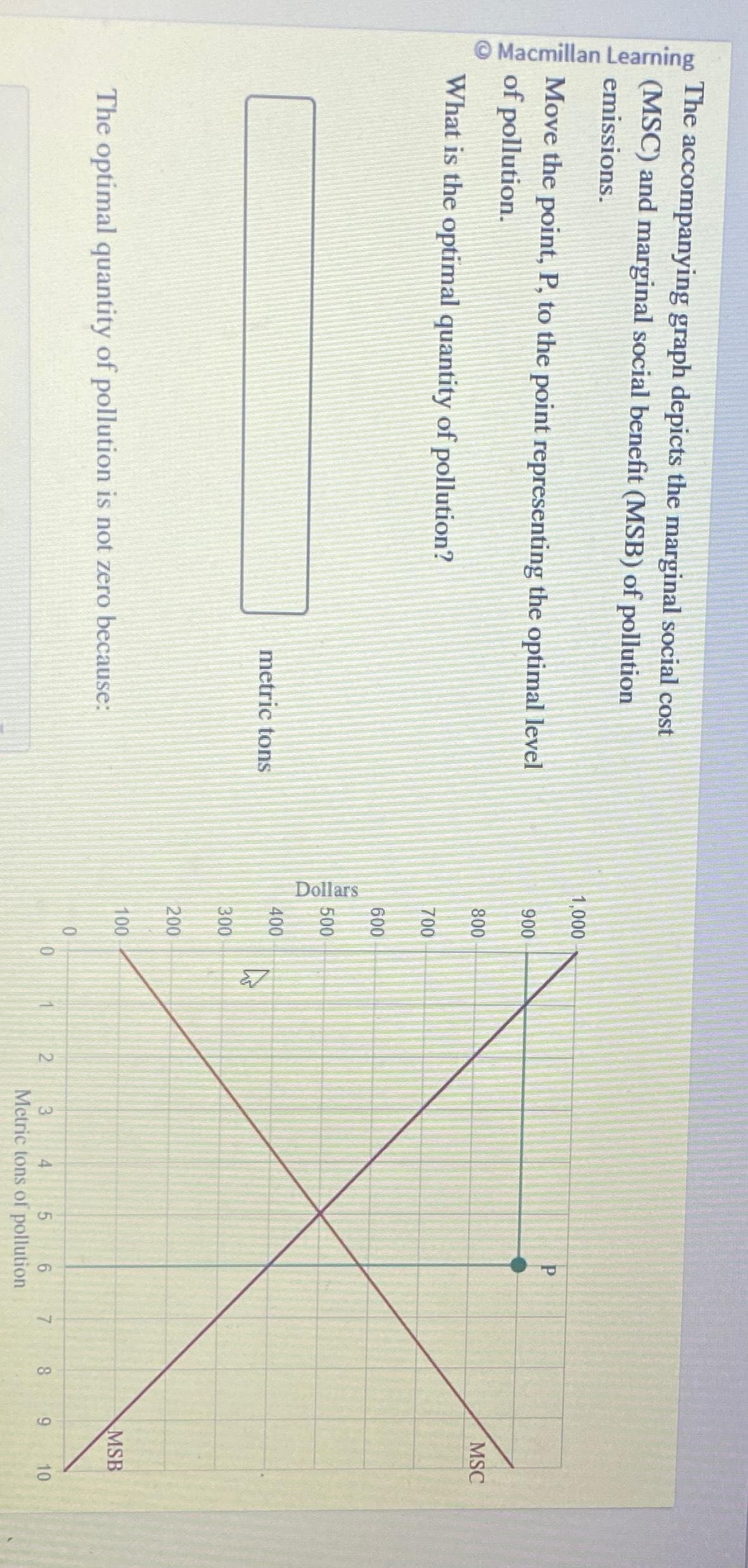 Macmillan Learning
The accompanying graph depicts the marginal social cost
(MSC) and marginal social benefit (MSB) of pollution
emissions.
Move the point, P, to the point representing the optimal level
of pollution.
What is the optimal quantity of pollution?
metric tons
The optimal quantity of pollution is not zero because:
1,000
Dollars
900
800
700
600
500
400
300
200
100
0
27
2
P
3
4
5 6
Metric tons of pollution
7
8
9
MSC
MSB
10