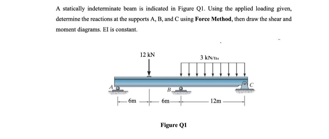 A statically indeterminate beam is indicated in Figure Q1. Using the applied loading given,
determine the reactions at the supports A, B, and C using Force Method, then draw the shear and
moment diagrams. El is constant.
12 kN
3 kN/I
B.
6m
6m
12m
Figure Q1
