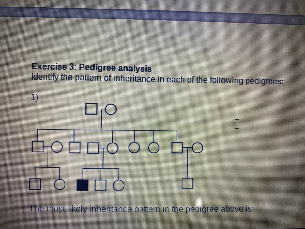 Exercise 3: Pedigree analysis
Identify the pattern of inheritance in each of the following pedigrees:
1)
The most likely inheritance pattern in the pedigree above is:
