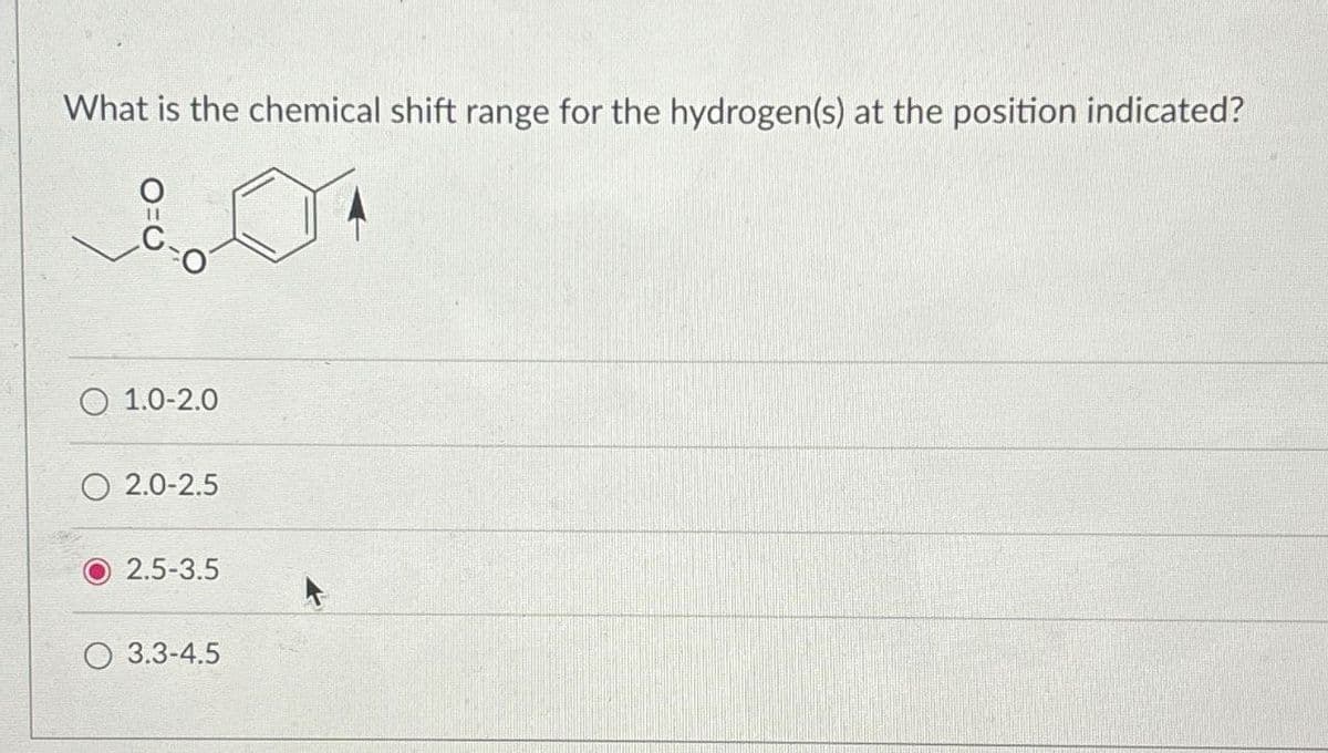 What is the chemical shift range for the hydrogen(s) at the position indicated?
1.0-2.0
2.0-2.5
2.5-3.5
3.3-4.5