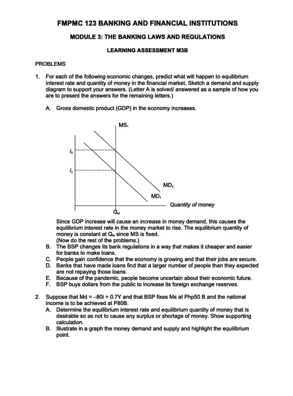 FMPMC 123 BANKING AND FINANCIAL INSTITUTIONS
MODULE 3: THE BANKING LAWS AND REGULATIONS
LEARNING ASSESSMENT M3B
PROBLEMS
1. For each of the following economic changes, predict what will happen to equilibrium
interest rate and quantity of money in the financial market. Sketch a demand and supply
diagram to support your answers. (Letter A is solved/ answered as a sample of how you
are to present the answers for the remaining letters.)
A. Gross domestic product (GDP) in the economy increases.
MS,
i,
MD,
MD,
Quantity of money
Qu
Since GDP increase will cause an increase in money demand, this causes the
equilibrium interest rate in the money market to rise. The equilibrium quantity of
money is constant at Qu since MS is fixed.
(Now do the rest of the problems.)
B. The BSP changes its bank regulations in a way that makes it cheaper and easier
for banks to make loans.
C. People gain confidence that the economy is growing and that their jobs are secure.
D. Banks that have made loans find that a larger number of people than they expected
are not repaying those loans.
E. Because of the pandemic, people become uncertain about their economic future.
F. BSP buys doliars from the public to increase its foreign exchange reserves.
2. Suppose that Md =-80i + 0.7Y and that BSP fixes Ms at Php50 B and the national
income is to be achieved at P80B.
A. Determine the equilibrium interest rate and equilibrium quantity of money that is
desirable so as not to cause any surplus or shortage of money. Show supporting
calculation.
B. Illustrate in a graph the money demand and supply and highlight the equilibrium
point.
