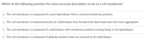 Which of the following provides the most accurate description so far of a cell membrane?
The cell membrane is composed of a pure lipid bilayer that is covered entirely by proteins.
The cell membrane is composed purely of a lipid bilayer that formed from lipid molecules that have aggregated.
The cell membrane is composed of a lipid bilayer with membrane proteins moving freely in the lipid bilayer.
O The cell membrane is composed of globular proteins that are covered by the lipid bilayer.
