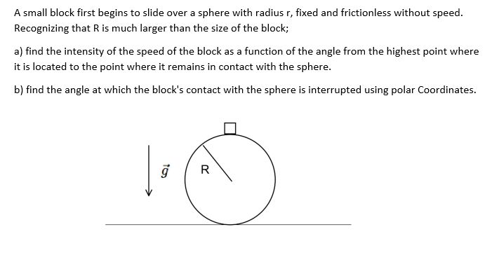 A small block first begins to slide over a sphere with radius r, fixed and frictionless without speed.
Recognizing that R is much larger than the size of the block;
a) find the intensity of the speed of the block as a function of the angle from the highest point where
it is located to the point where it remains in contact with the sphere.
b) find the angle at which the block's contact with the sphere is interrupted using polar Coordinates.
R
