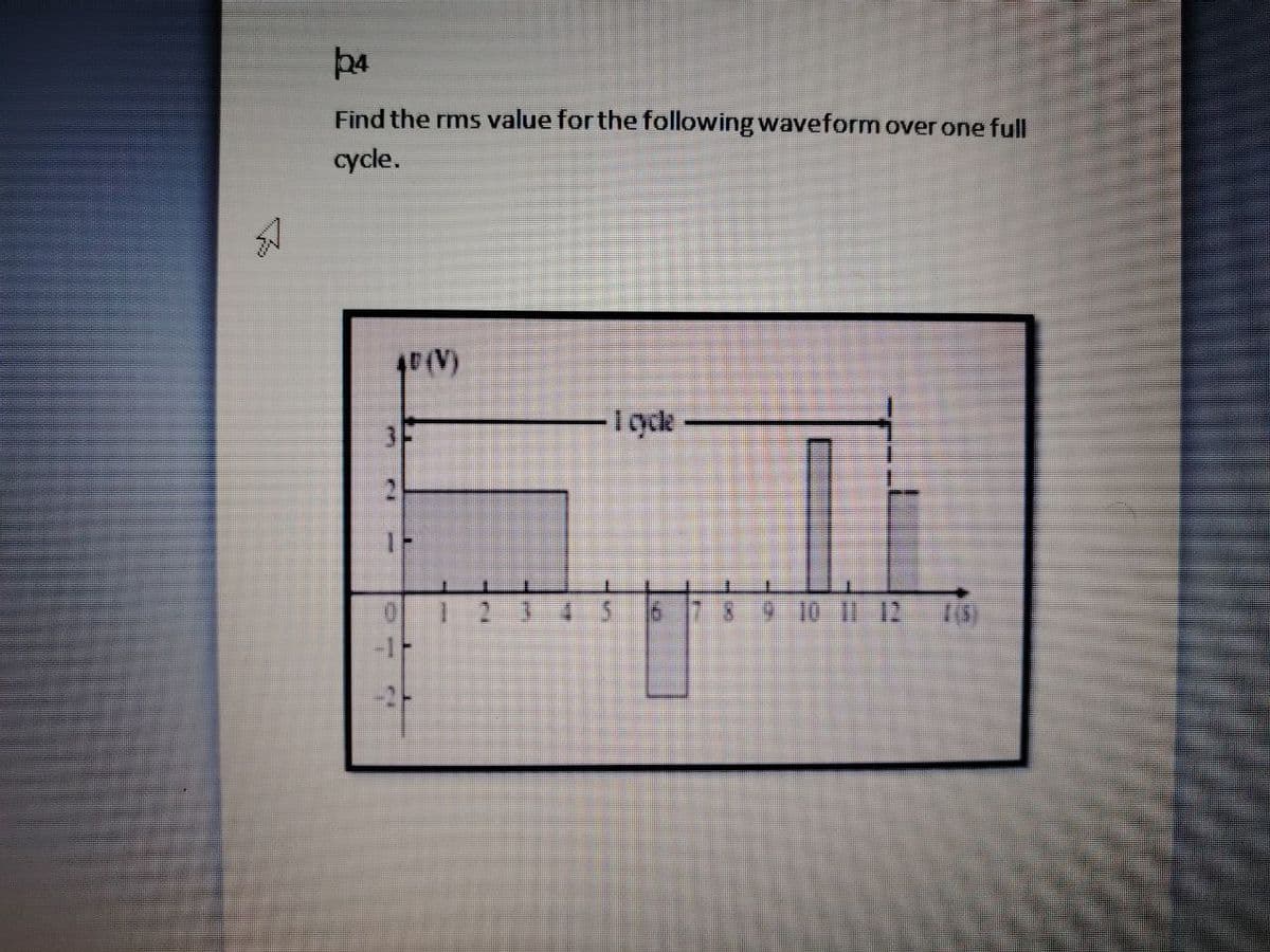 b24
Find the rms value for the following waveform over one full
cycle.
40(V)
-1 cycle -
16 7 8 9 10 11 12
(S)
-1