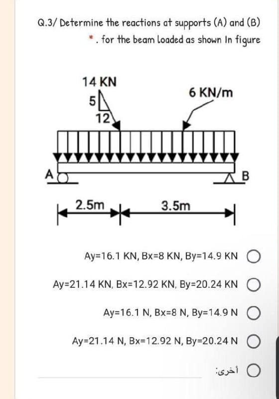 Q.3/ Determine the reactions at supports (A) and (B)
*. for the beam loaded as shown In figure
14 KN
6 KN/m
12
В
2.5m
3.5m
Ay=16.1 KN, Bx38 KN, By=14.9 KN
Ay=21.14 KN, Bx=12.92 KN, By320.24 KN
Ay=16.1 N, Bx=8 N, By-14.9 N
Ay=21.14 N, Bx=12.92 N, By=20.24 N O
0 أخری
