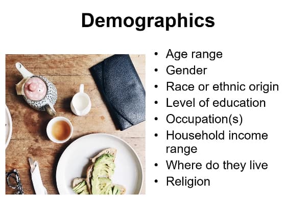 Demographics
Age range
• Gender
Race or ethnic origin
• Level of education
Occupation(s)
Household income
range
• Where do they live
Religion
